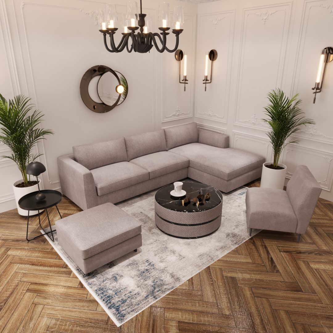 Luxe beige hoekbank set met chaise longue, fauteuil en hocker (3)